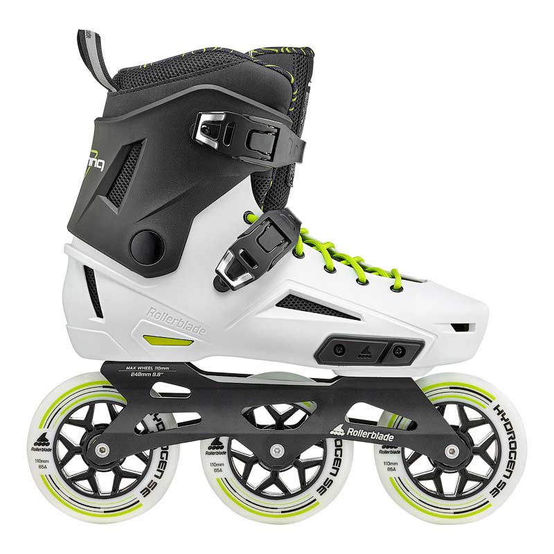 Side view of a black and white inline Rollerblade skate with yellow accents and three large white wheels on a white background