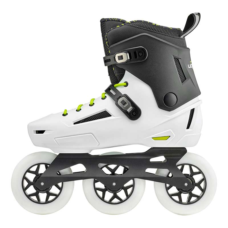 Side view of a black and white inline Rollerblade skate with yellow accents and three large white wheels on a white background