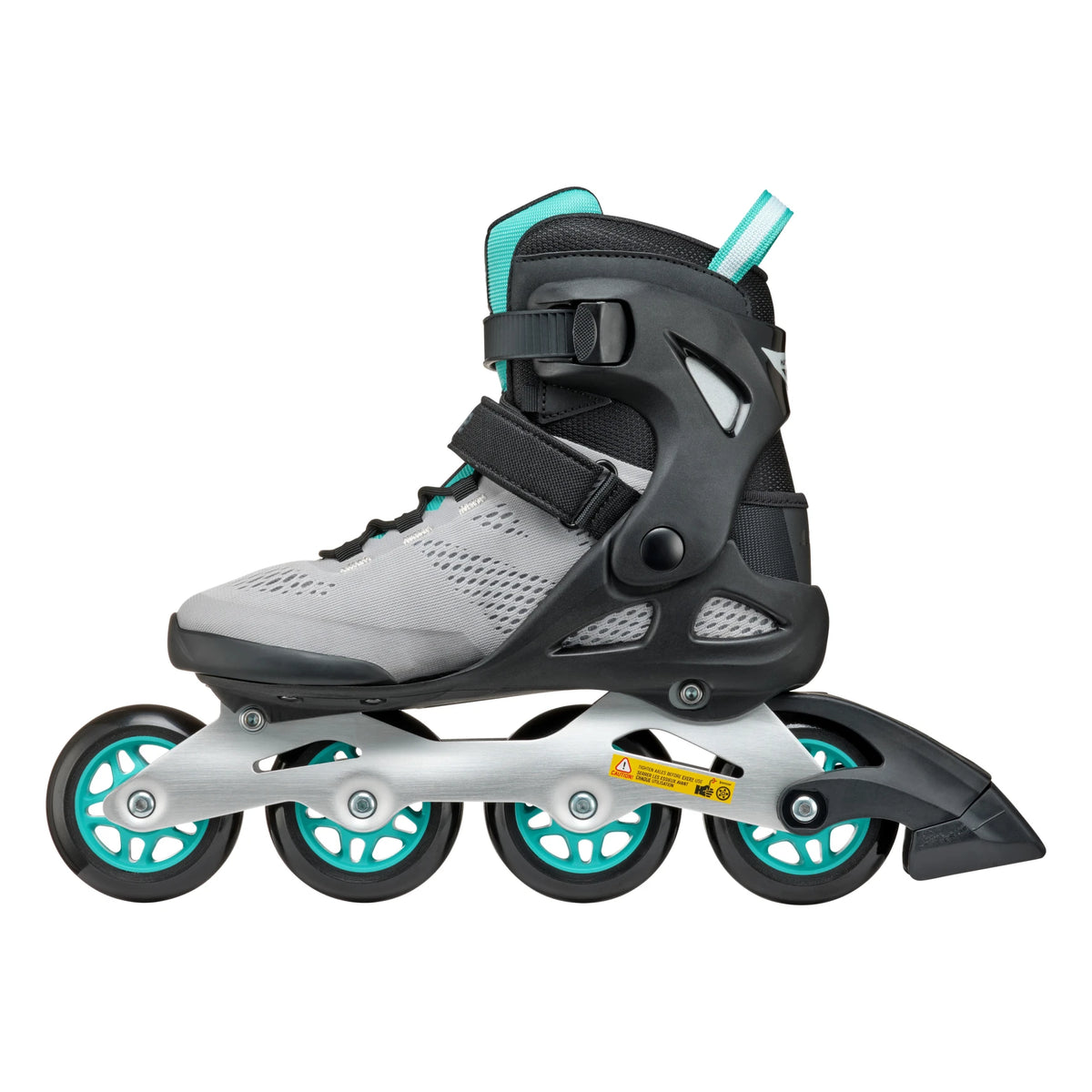 A single inline skate boot shown in profile against a solid white background. The boot is primarily gray and black with bright turquoise accents on the tongue, heel, and wheel axles, mounted on a silver-colored aluminum rail with black wheels.