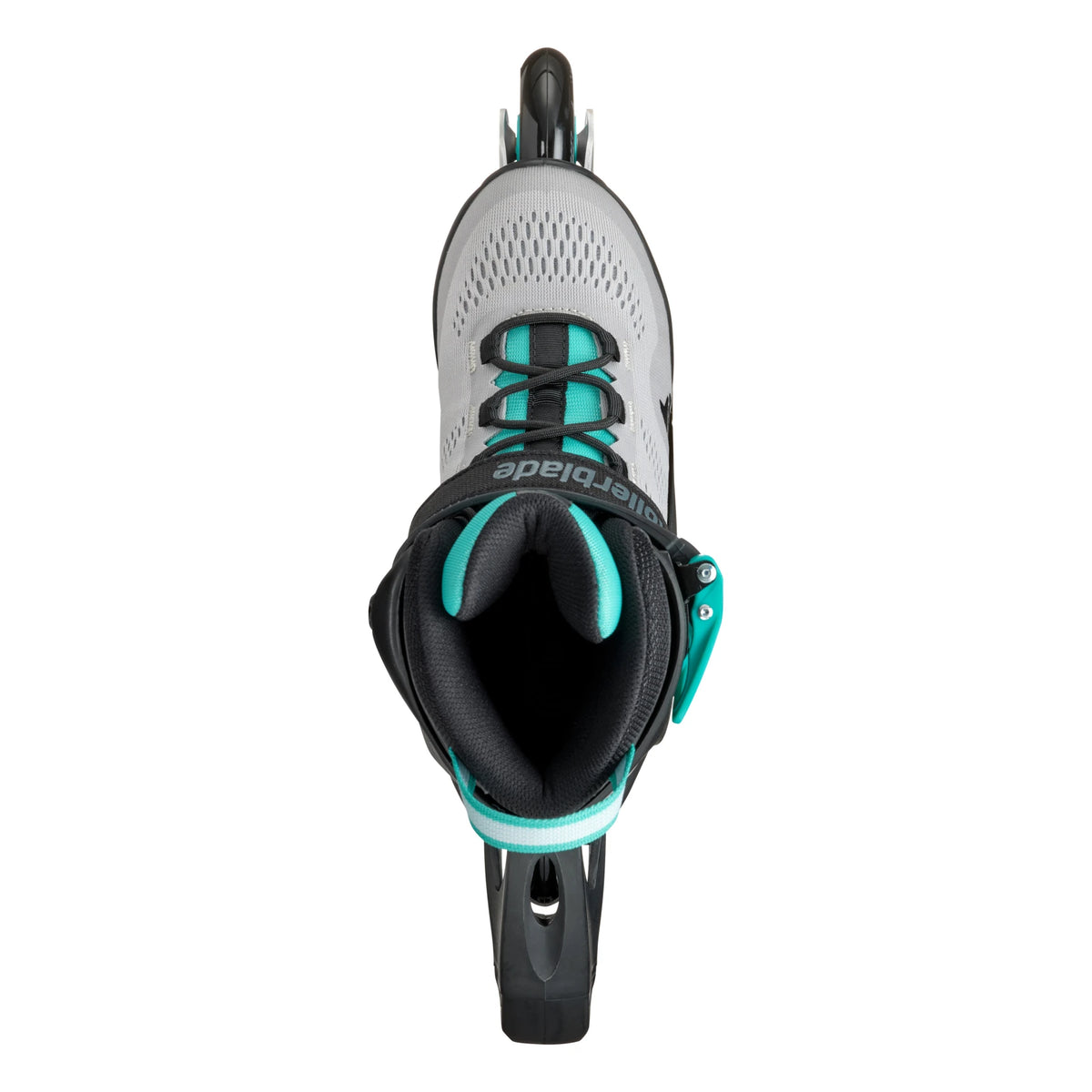 A single inline skate boot shown from a top-down view on a solid white background. The boot is primarily light gray with black straps and trim, accented by bright teal details on the laces, inner collar, and side buckle.