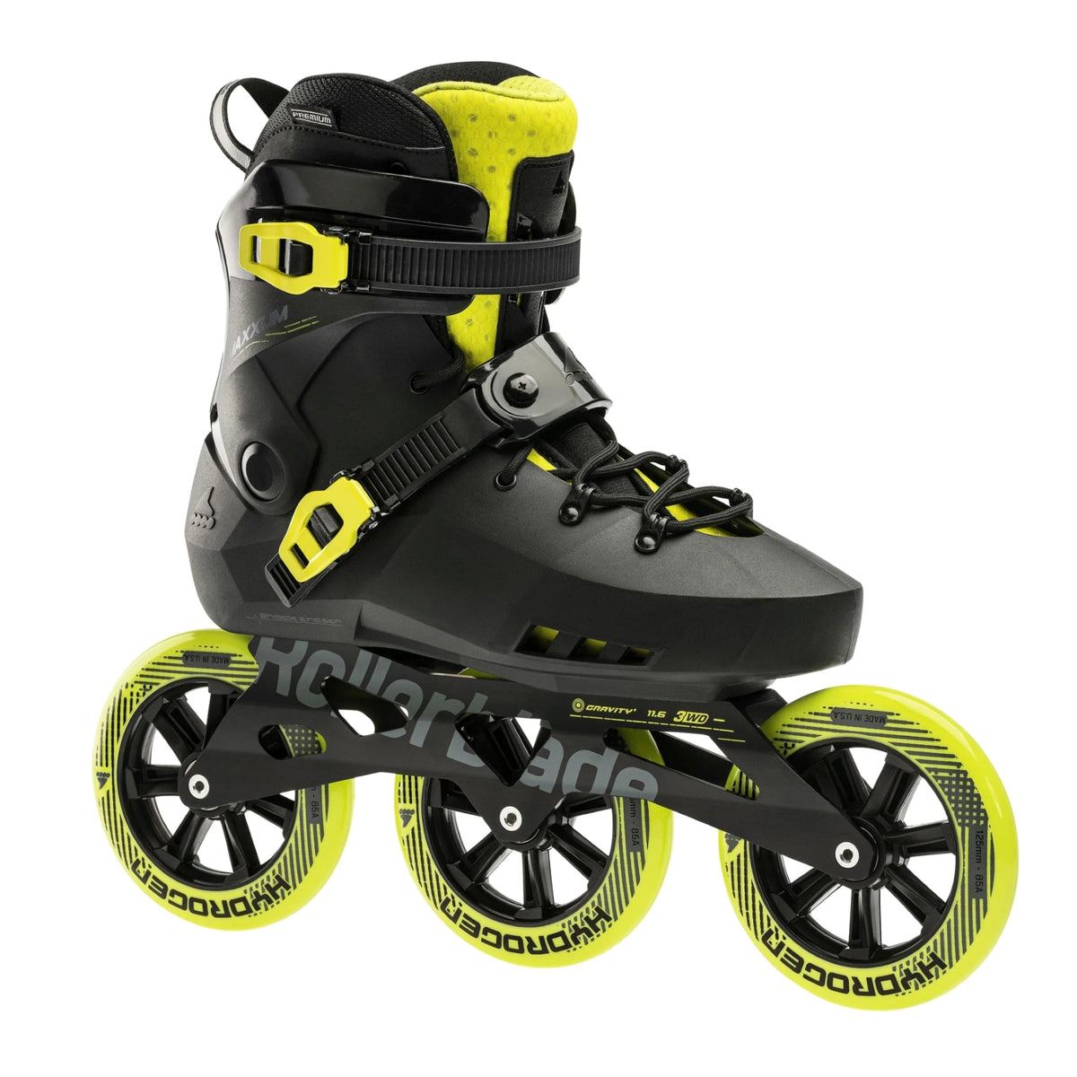 A black Rollerblade skate with yellow accents on the tongue, buckles and wheels. The skate is viewed from the side against a white background.
