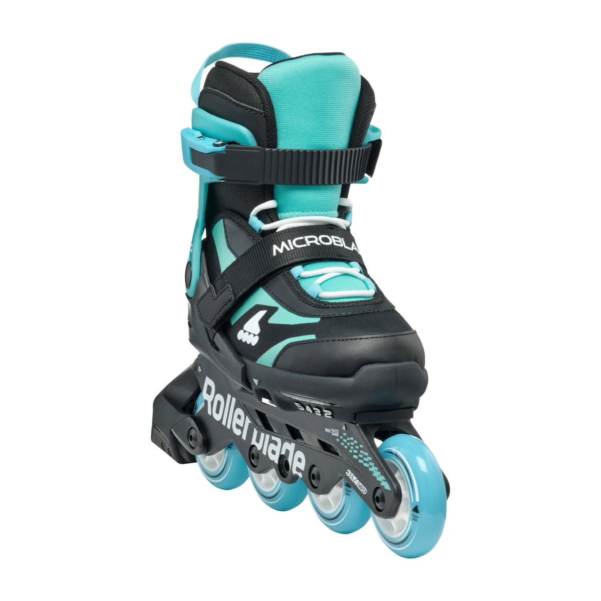 A single Rollerblade inline skate in black and turquoise, featuring four turquoise wheels, shown on a solid white background.