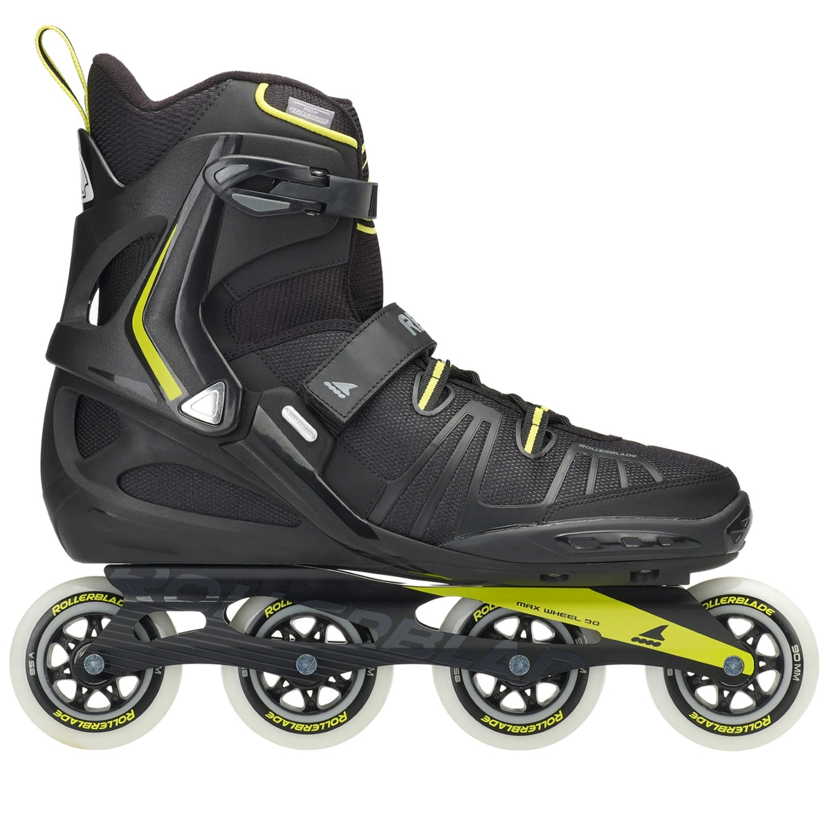 Black inline skate with green accents on a white background