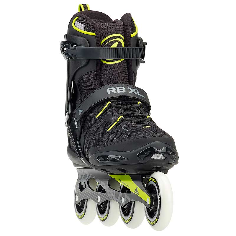 Black inline skate with white wheels on a white background