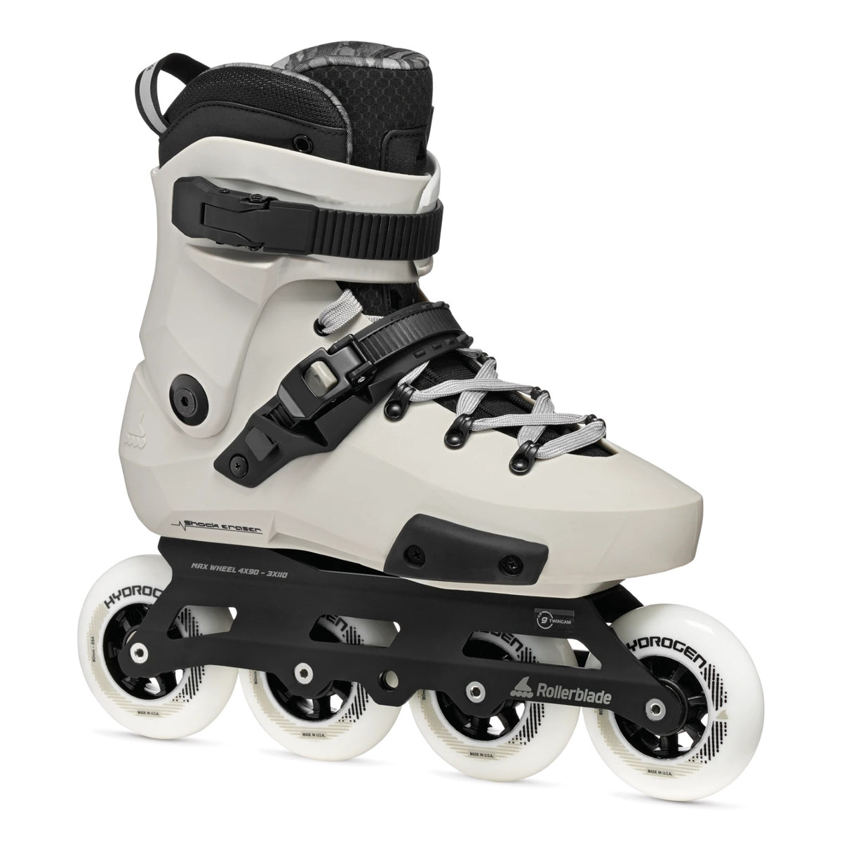 White inline skate with black accents on a white background