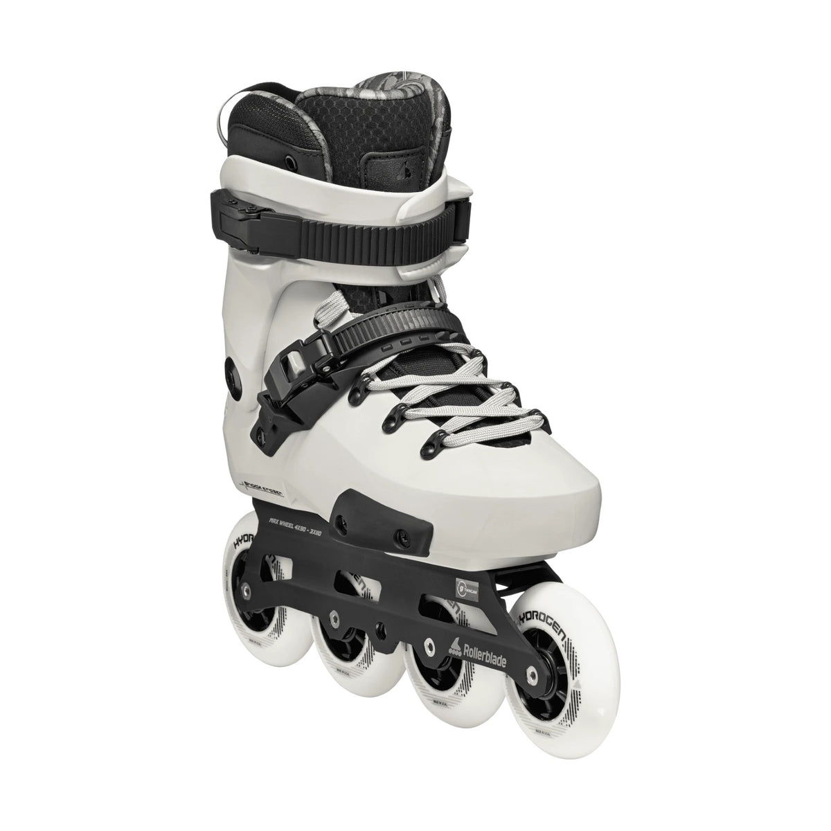 White inline skate with black accents on a white background
