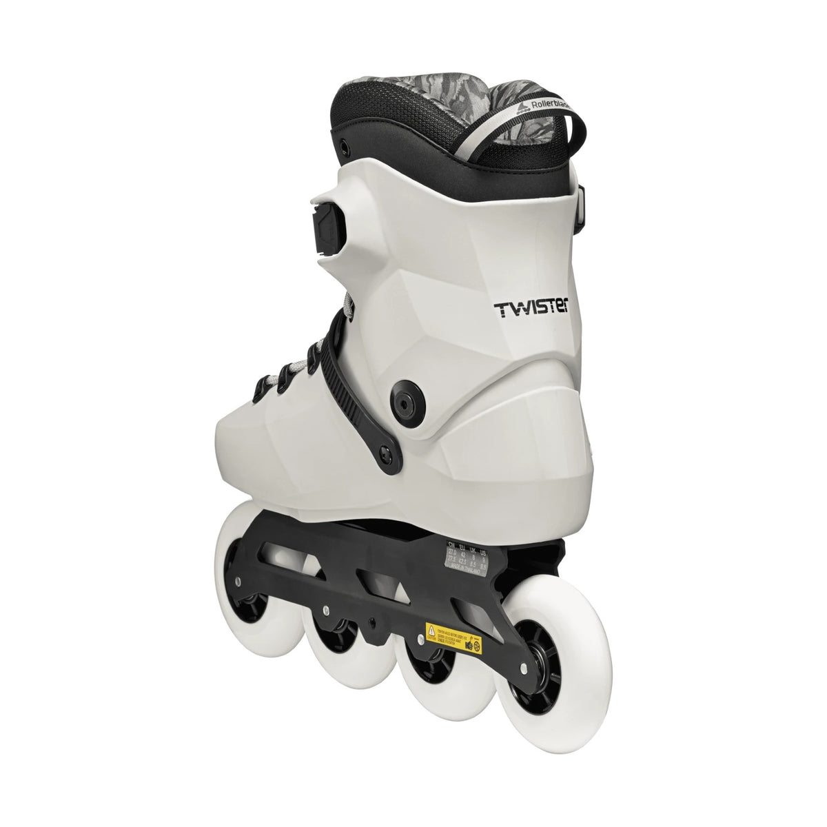 White inline skate with black accents on a white background
