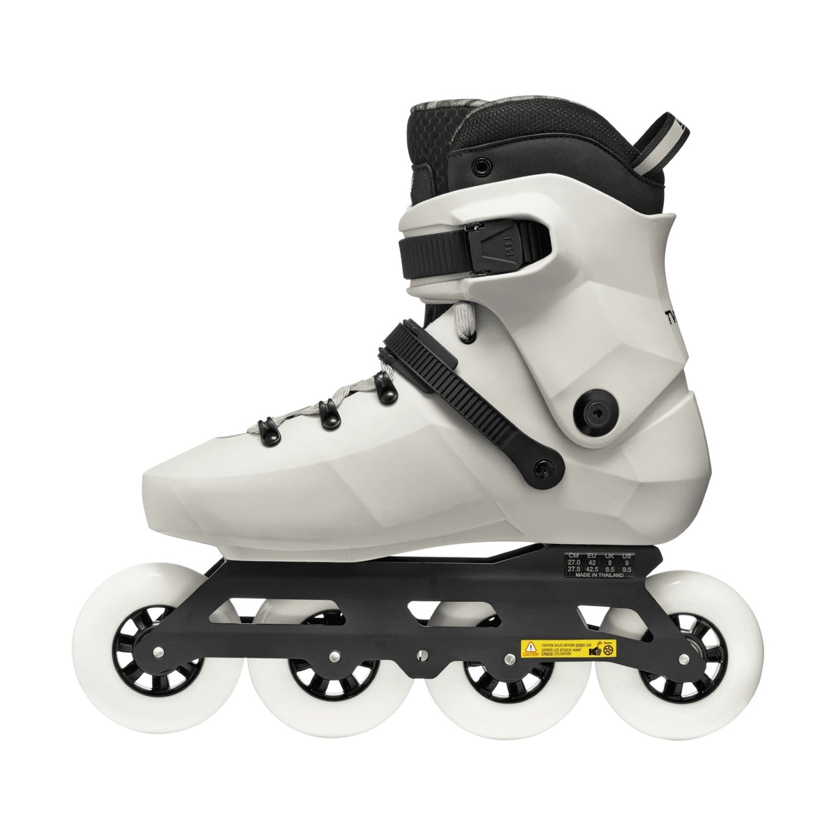 A white and black inline skate boot with four white wheels and a black frame, shown from a side profile on a solid white background.
