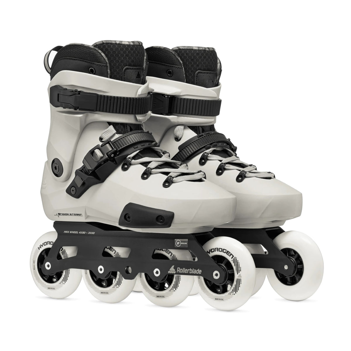 A pair of white Rollerblade skates with black accents and white wheels. The pair of skate are featured against a white background.