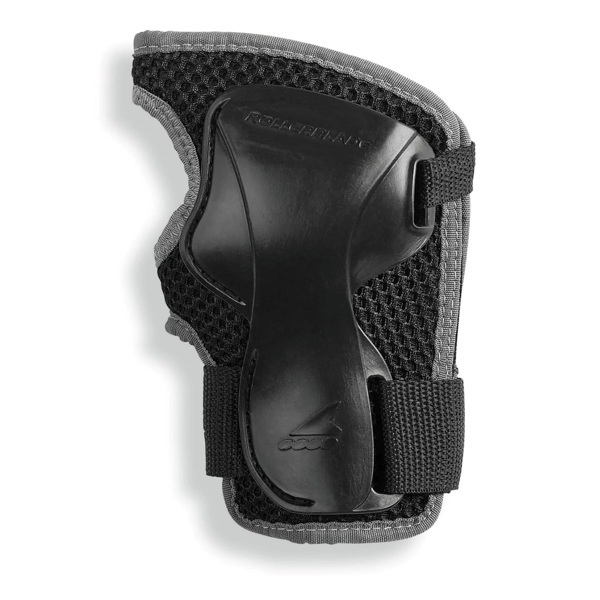 A black and gray protective wrist guard pad with a textured mesh backing and adjustable hook-and-loop straps, shown on a white background.