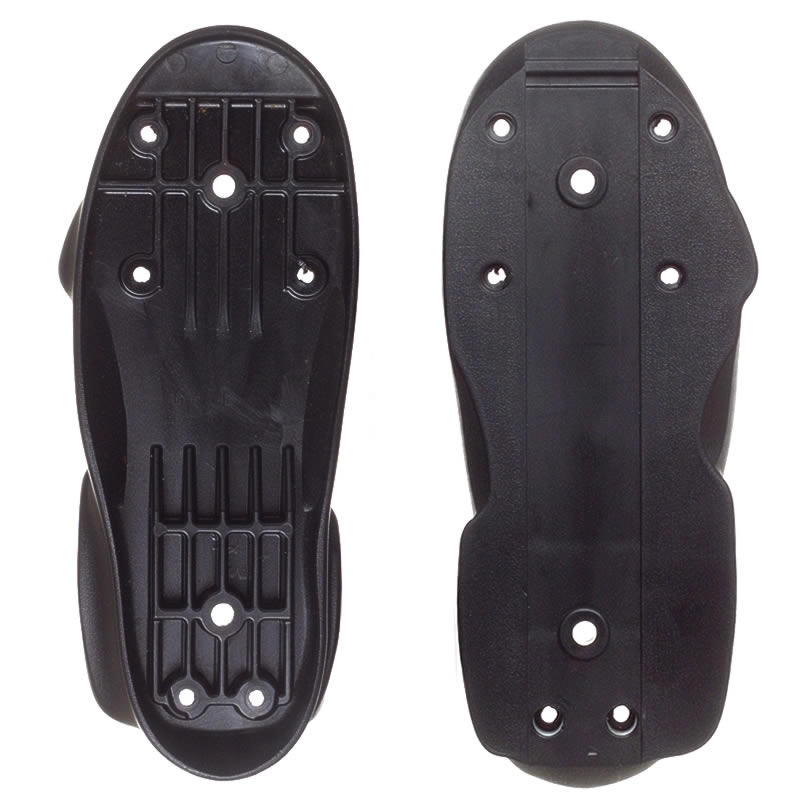A black plastic aggressive inline skate soul plate part shown from the top and the bottom with holes for screws and ribbed reinforcement featured on a white back ground.