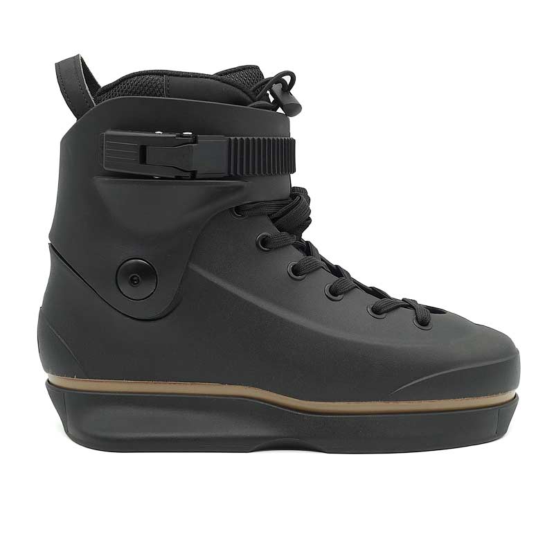 Black high-top boot with a brown sole on a white background