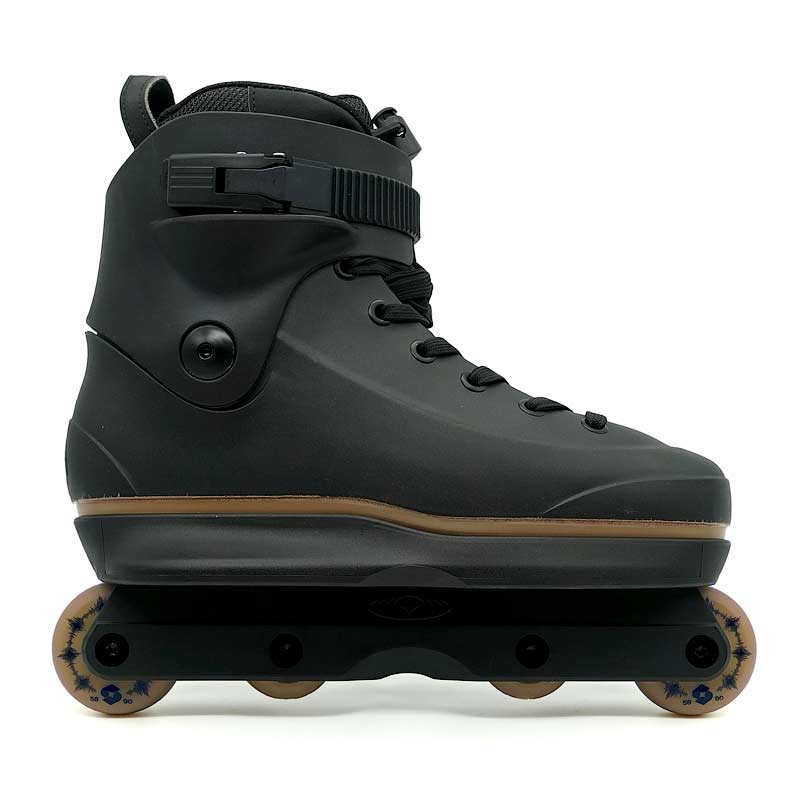 Black roller skate boot with brown wheels on a white background