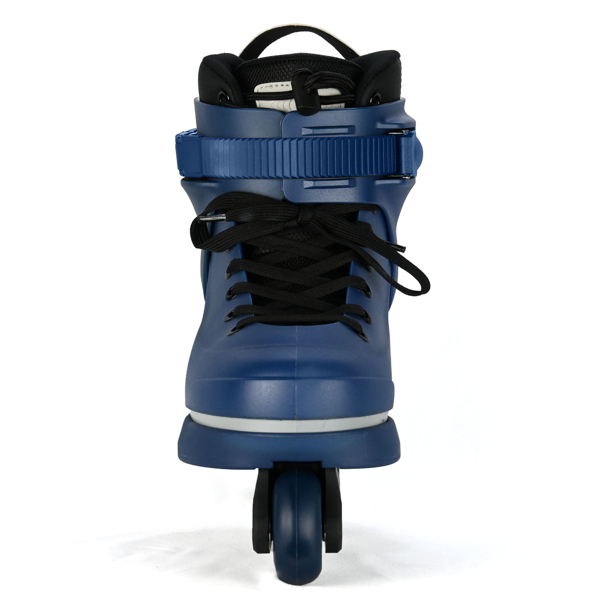 Blue inline skate with black laces on a white background