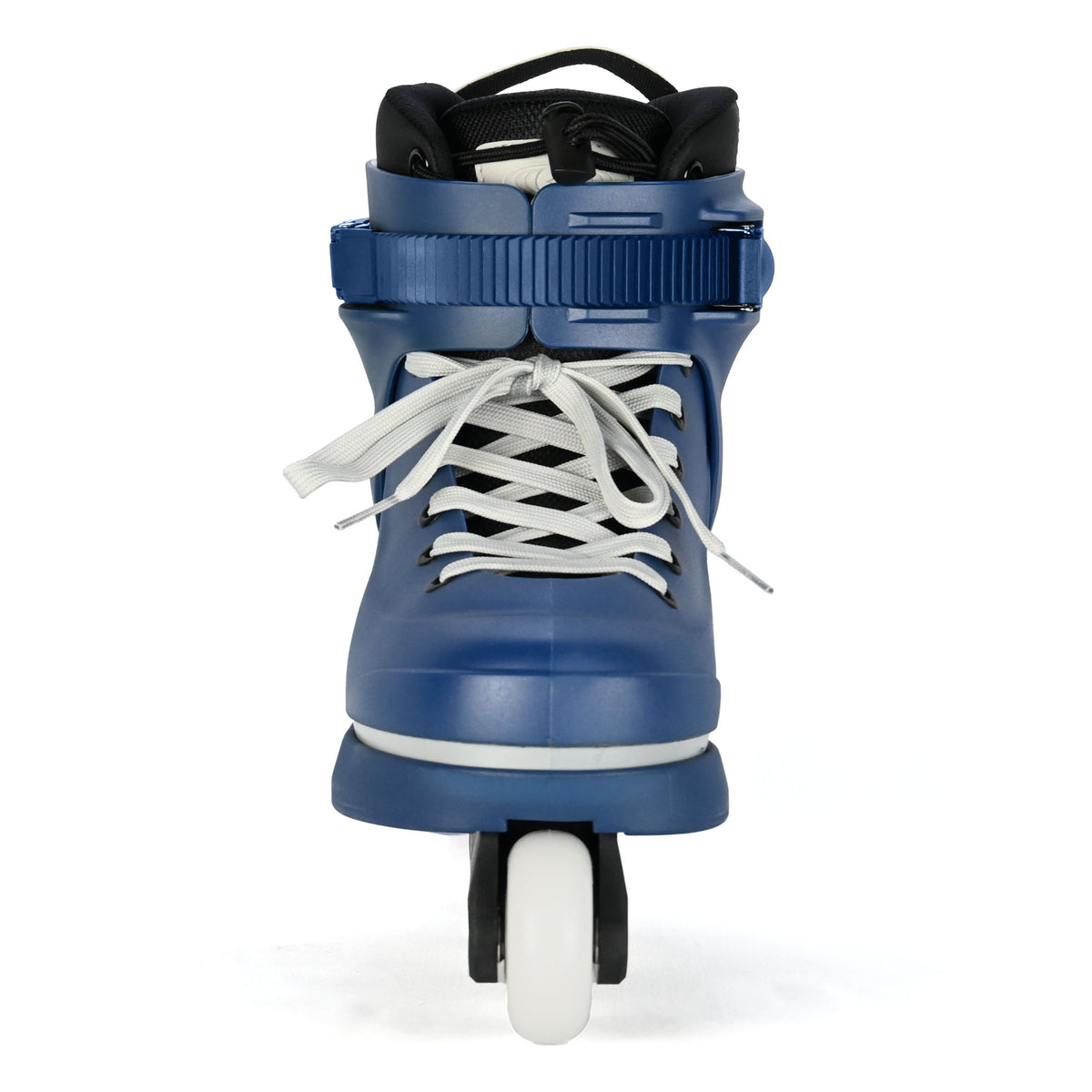 Blue roller skate with white laces on a white background