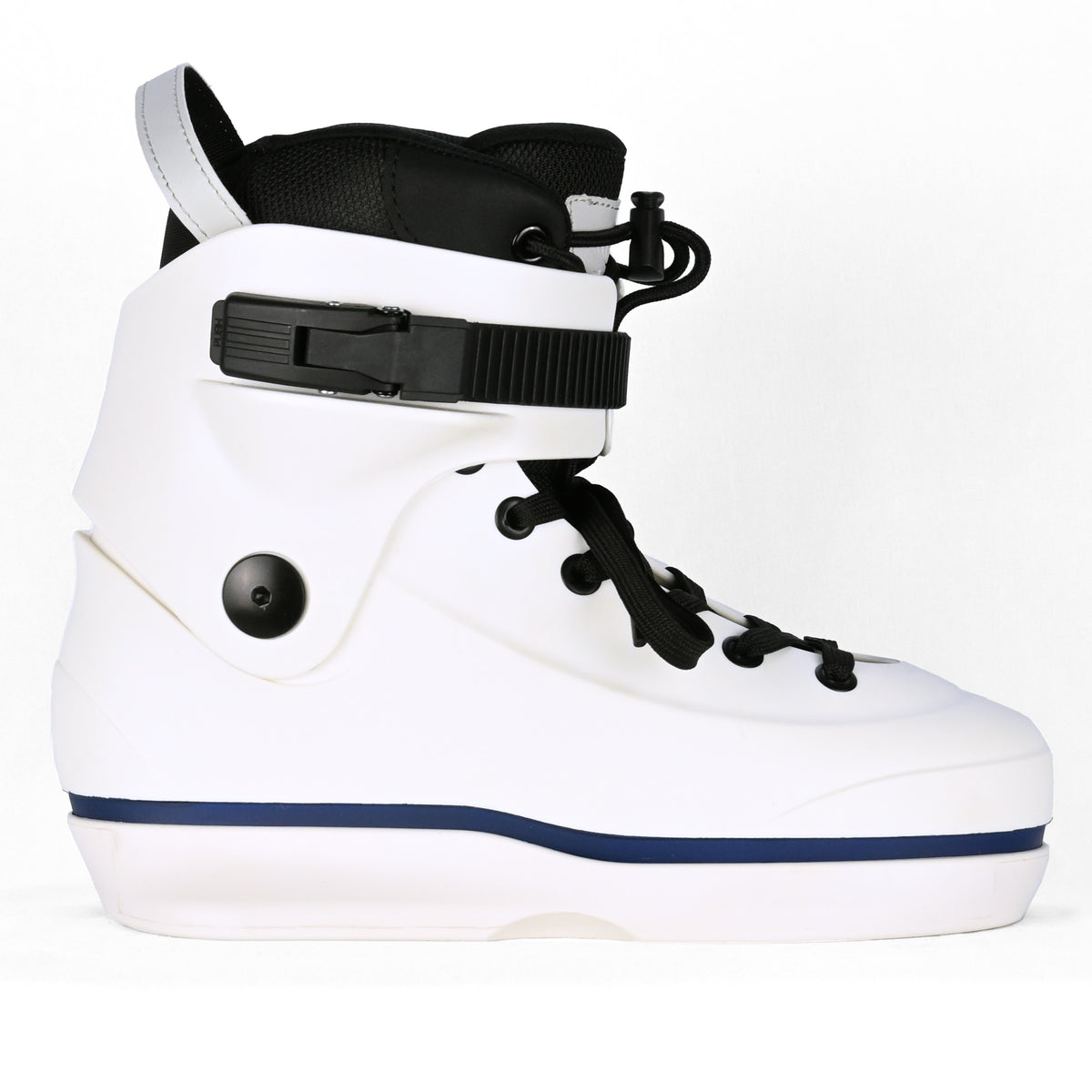 A white Standard skate co inline aggressive skate boot only with black laces, a black buckle strap, and a navy blue stripe along the sole, shown against a plain white background.