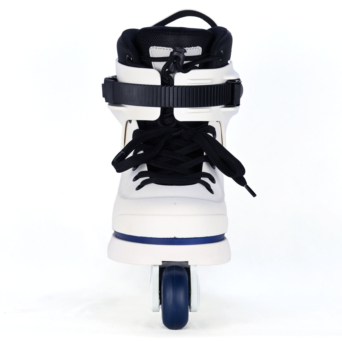 White rollerblade with black wheels on a white background