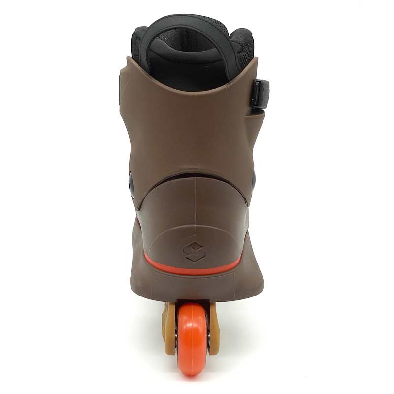 Brown inline skate with orange wheels on a white background