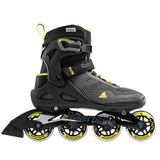 Black and yellow inline skate with visible branding on a white background