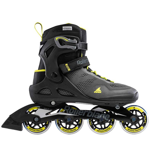 Black and yellow inline skate with visible branding on a white background