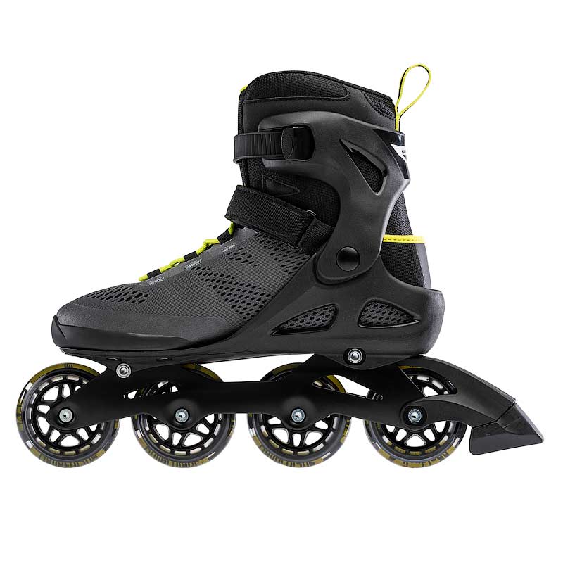 Black inline skate with yellow accents on a white background