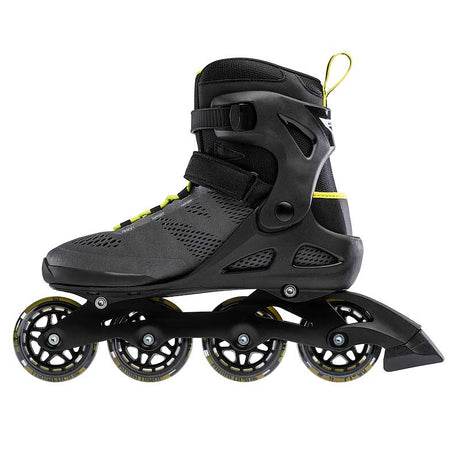 Black inline skate with yellow accents on a white background