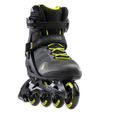 Black and gray inline skate with yellow accents on a white background