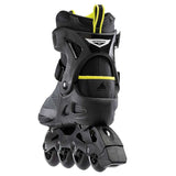 Black and yellow inline skate on a white background