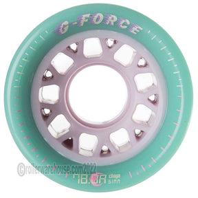 G-Force roller wheel with green rim and white center on a white background