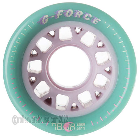 G-Force roller wheel with green rim and white center on a white background