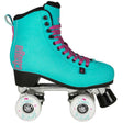 Turquoise roller skate with pink laces on a white background