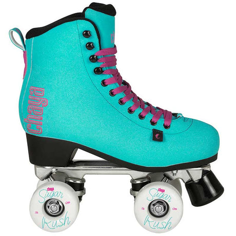 Turquoise roller skate with pink laces on a white background