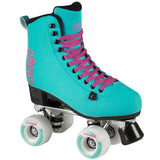 Turquoise roller skate with pink laces on a white background