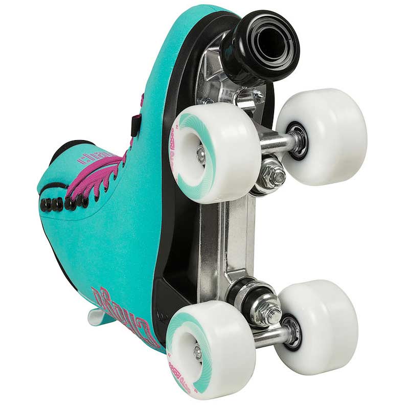 Teal and pink roller skates with white wheels on a white background