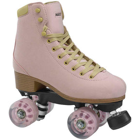 Pink roller skate with yellow laces on a white background