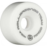 White roller skate wheel with branding on a white background