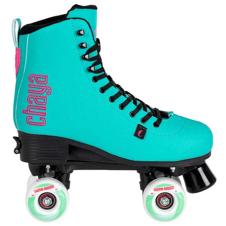 Turquoise roller skate with pink 'Chaya' branding on a white background
