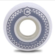 Aggressive inline skate wheel pictured from the side. White/natural urethane with gray graphic and logo design. 58mm 90a are printed in the graphic