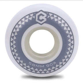 Aggressive inline skate wheel pictured from the side. White/natural urethane with gray graphic and logo design. 58mm 90a are printed in the graphic