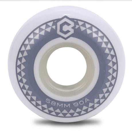 Aggressive inline skate wheel pictured from the side. White/natural urethane with gray graphic and logo design. 58mm 90a are printed in the graphic