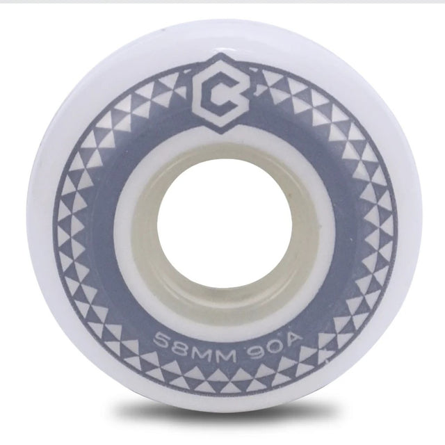 Aggressive inline skate wheel pictured from the side. White/natural urethane with gray graphic and logo design. 58mm 90a are printed in the graphic