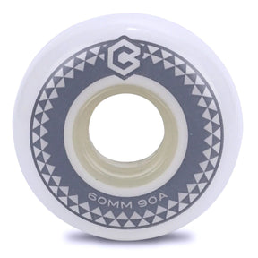 White or natural urethane aggressive skate wheel with gray graphic and logo. The text "60mm 90a" is printed on the side.
