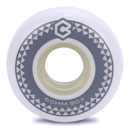 White or natural urethane aggressive skate wheel with gray graphic and logo. The text "60mm 90a" is printed on the side.
