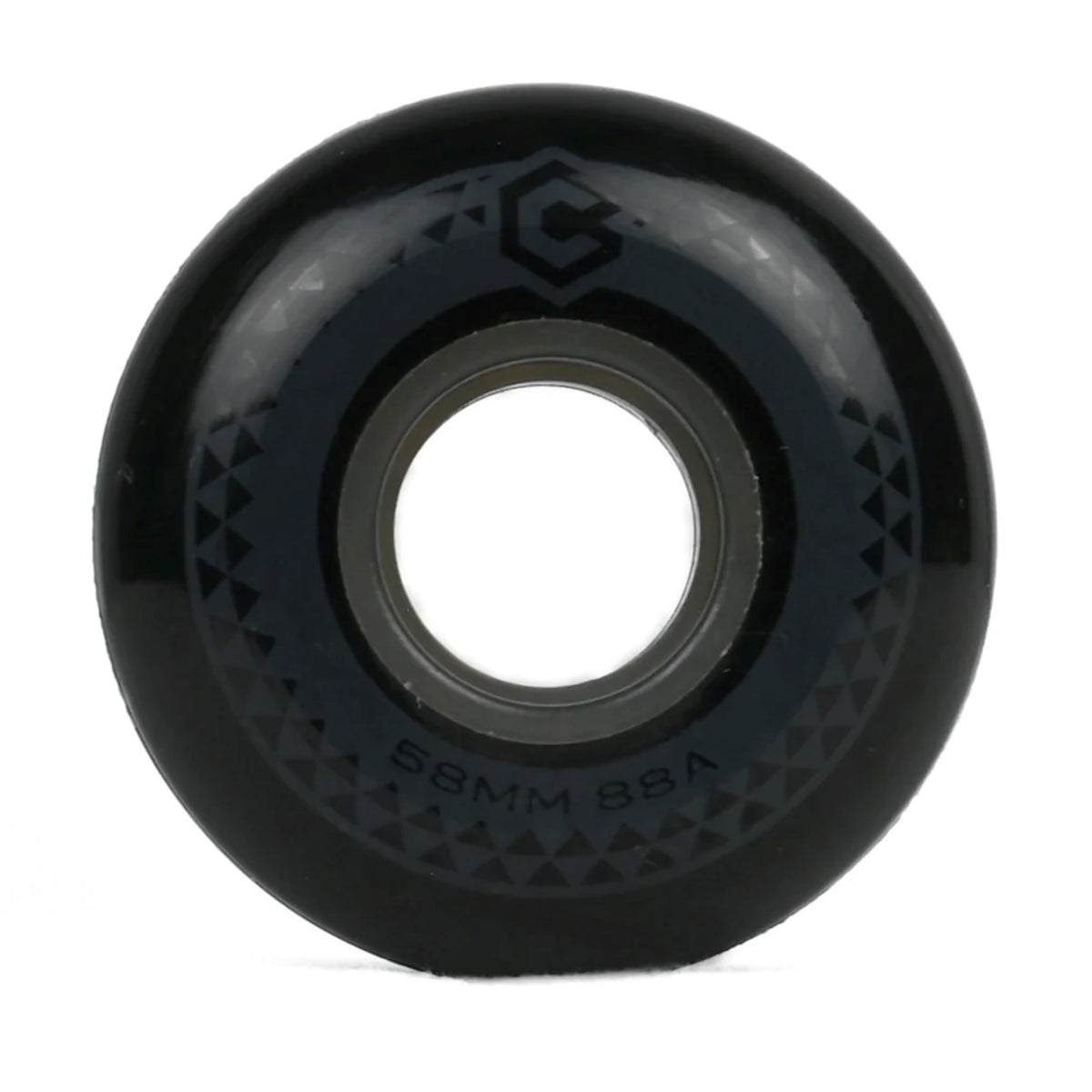 A single black aggressive inline skate wheel with a central hole, featuring a geometric pattern and the text '58MM 88A' on a white background.