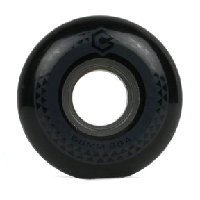 A single black aggressive inline skate wheel with a central hole, featuring a geometric pattern and the text '58MM 88A' on a white background.
