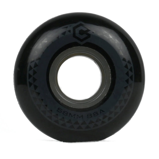 A single black aggressive inline skate wheel with a central hole, featuring a geometric pattern and the text '58MM 88A' on a white background.