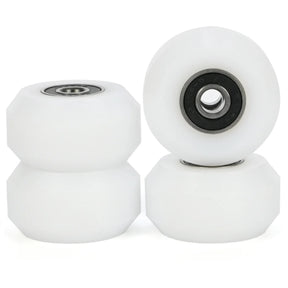 Four aggressive inline skating anti rocker wheels with bearings installed. The wheels are white and the bearings have a black shield with a metal rim on the inner and outer part of the bearing. The background is white.