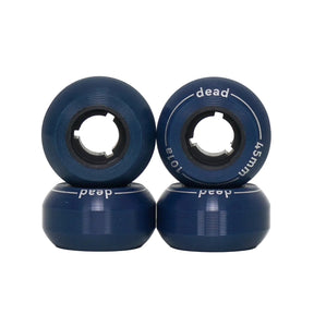 Four Navy blue skate wheels set up in a stacked position making two of the wheels face visible showing text on one of them that reads "dead 101a 45mm". The wheels are featured on a white background.