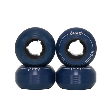 Four Navy blue skate wheels set up in a stacked position making two of the wheels face visible showing text on one of them that reads "dead 101a 45mm". The wheels are featured on a white background.