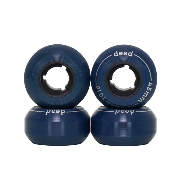 Four Navy blue skate wheels set up in a stacked position making two of the wheels face visible showing text on one of them that reads "dead 101a 45mm". The wheels are featured on a white background.